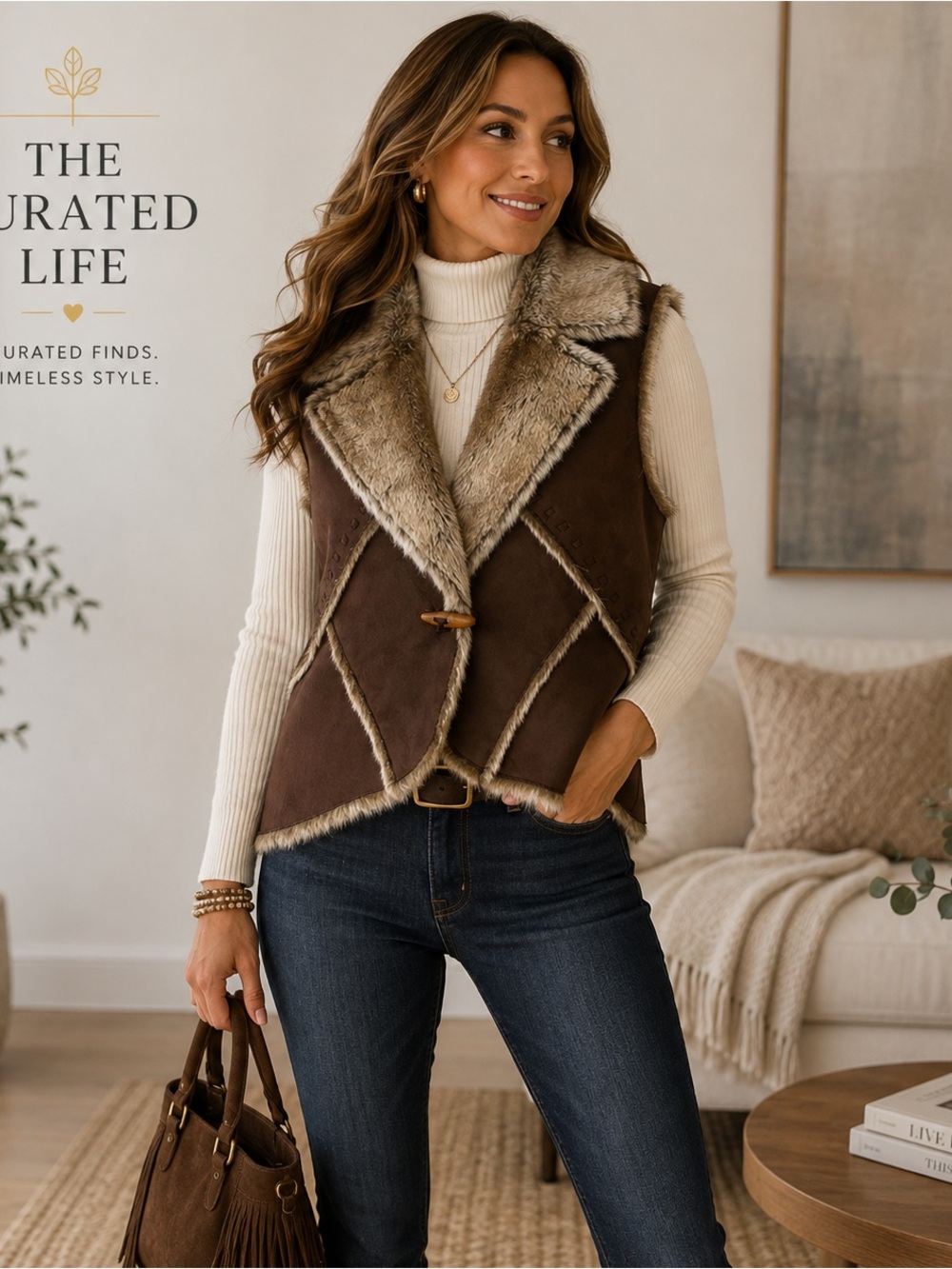 Faded Glory Brown Faux-Suede Vest with Faux-Shearling Trim